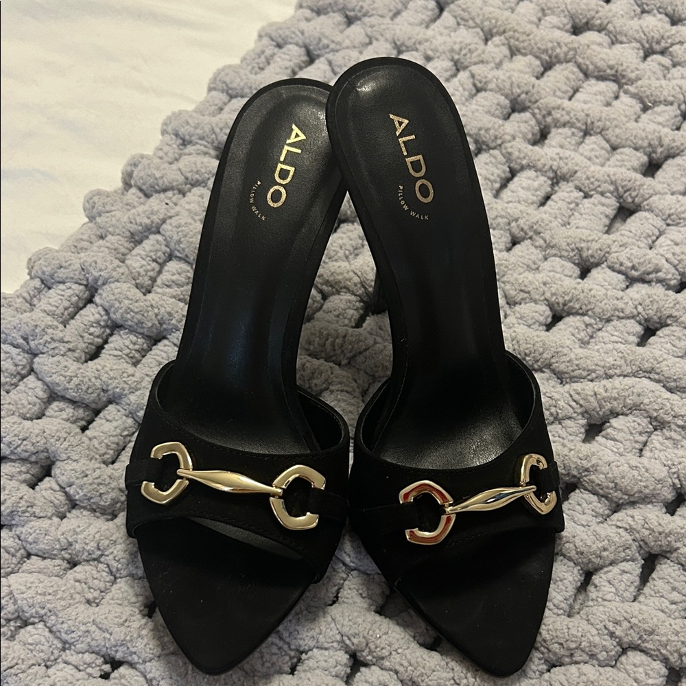 Aldo Elegant Black Heels with Gold Chain Detail